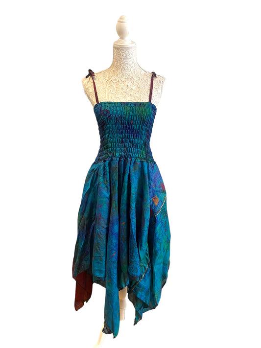 Festival Dress Sexy Boho Pixie SILK hanky hem BLUE & GREEN Hippy gypsy UK 8-14