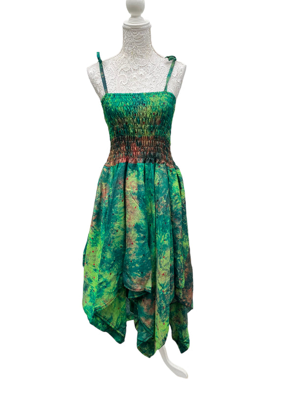 Festival Dress Sexy Boho Pixie SILK hanky hem GREEN Hippy gypsy summer UK 8-14