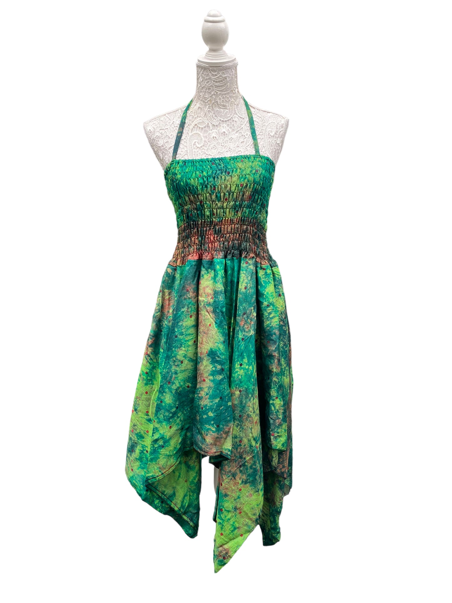 Festival Dress Sexy Boho Pixie SILK hanky hem GREEN Hippy gypsy summer UK 8-14