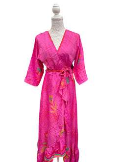 Long Wrap Dress pretty summer Boho hippy Festival maxi Sari-Silk UK 8 10 12 14