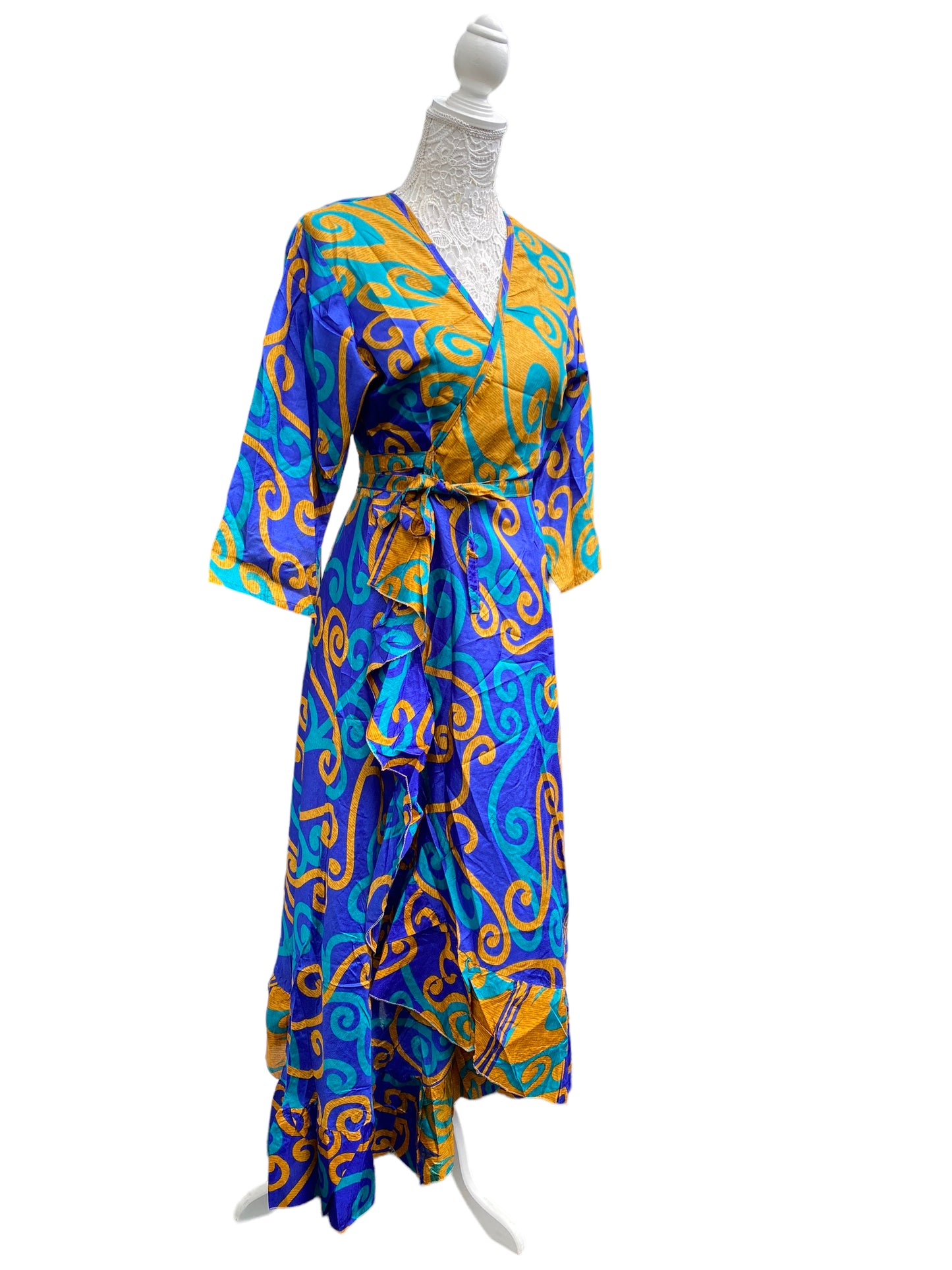 Long Wrap Dress pretty summer Boho hippy Festival maxi Sari-Silk UK 8 10 12 14