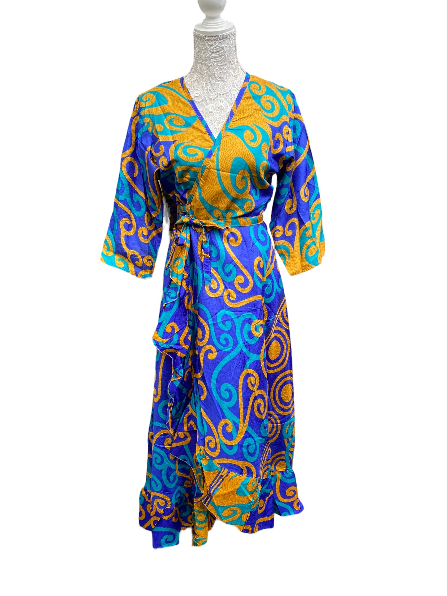 Long Wrap Dress pretty summer Boho hippy Festival maxi Sari-Silk UK 8 10 12 14