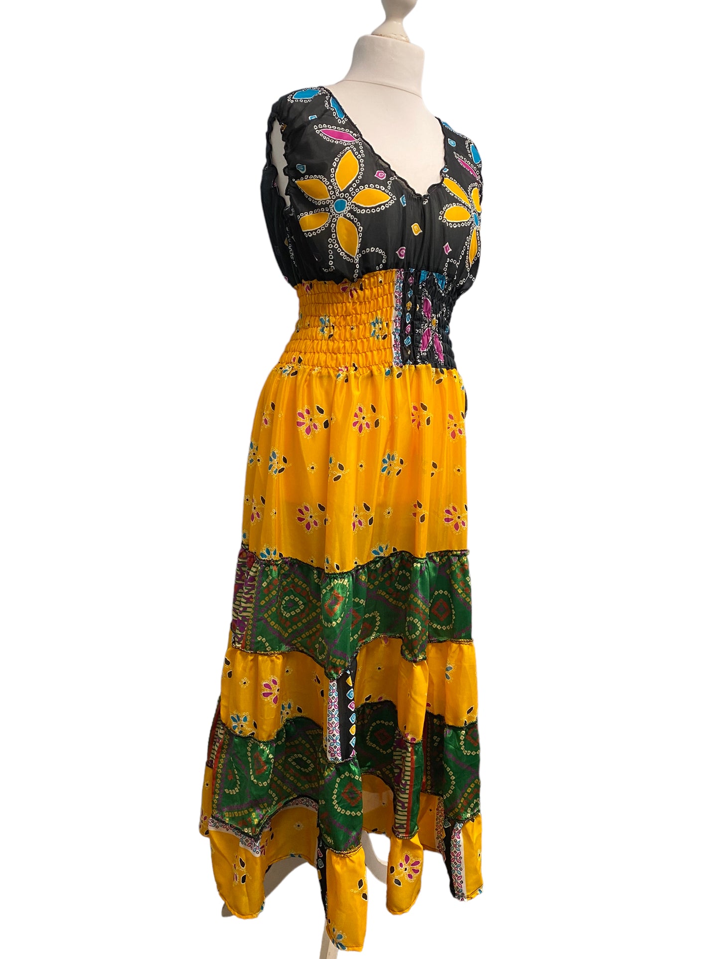 Long Summer Dress recycled Sari-Silk Boho Hippy Festival party outfit UK 8-12