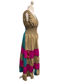 Long Summer Dress recycled Sari-Silk Boho Hippy Festival party outfit UK 8-12