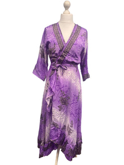 Long Wrap Dress 60s 70s Revival Boho hippy Festival maxi Sari-Silk UK 8 - 14