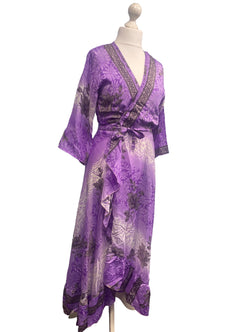 Long Wrap Dress 60s 70s Revival Boho hippy Festival maxi Sari-Silk UK 8 - 14