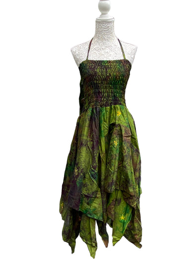 Festival summer Dress Sexy Boho Pixie SILK hanky hem Green Hippy gypsy sun 8-16