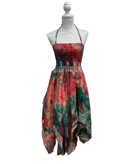 Festival summer Dress Sexy Boho Pixie SILK hanky hem Red Hippy gypsy sun 8-16