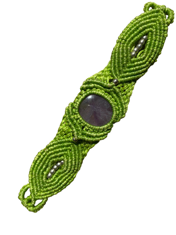 Cuff Bangle Bracelet GREEN macrame AMETHYST gemstone crystal yoga hippy boho