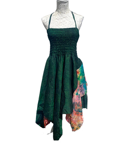 Festival summer Dress Sexy Boho Pixie SILK hanky hem Green Hippy gypsy sun 8-16