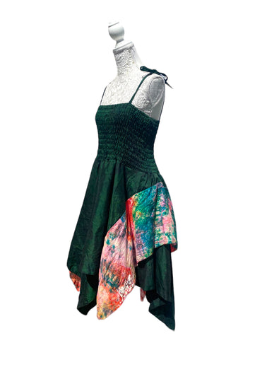 Festival summer Dress Sexy Boho Pixie SILK hanky hem Green Hippy gypsy sun 8-16