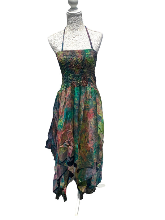 Festival summer Dress Sexy Boho Pixie SILK hanky hem GREEN gypsy sun 8-16