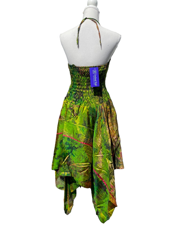 Festival summer Dress Sexy Boho Pixie SILK hanky hem GREEN gypsy sun 8-16