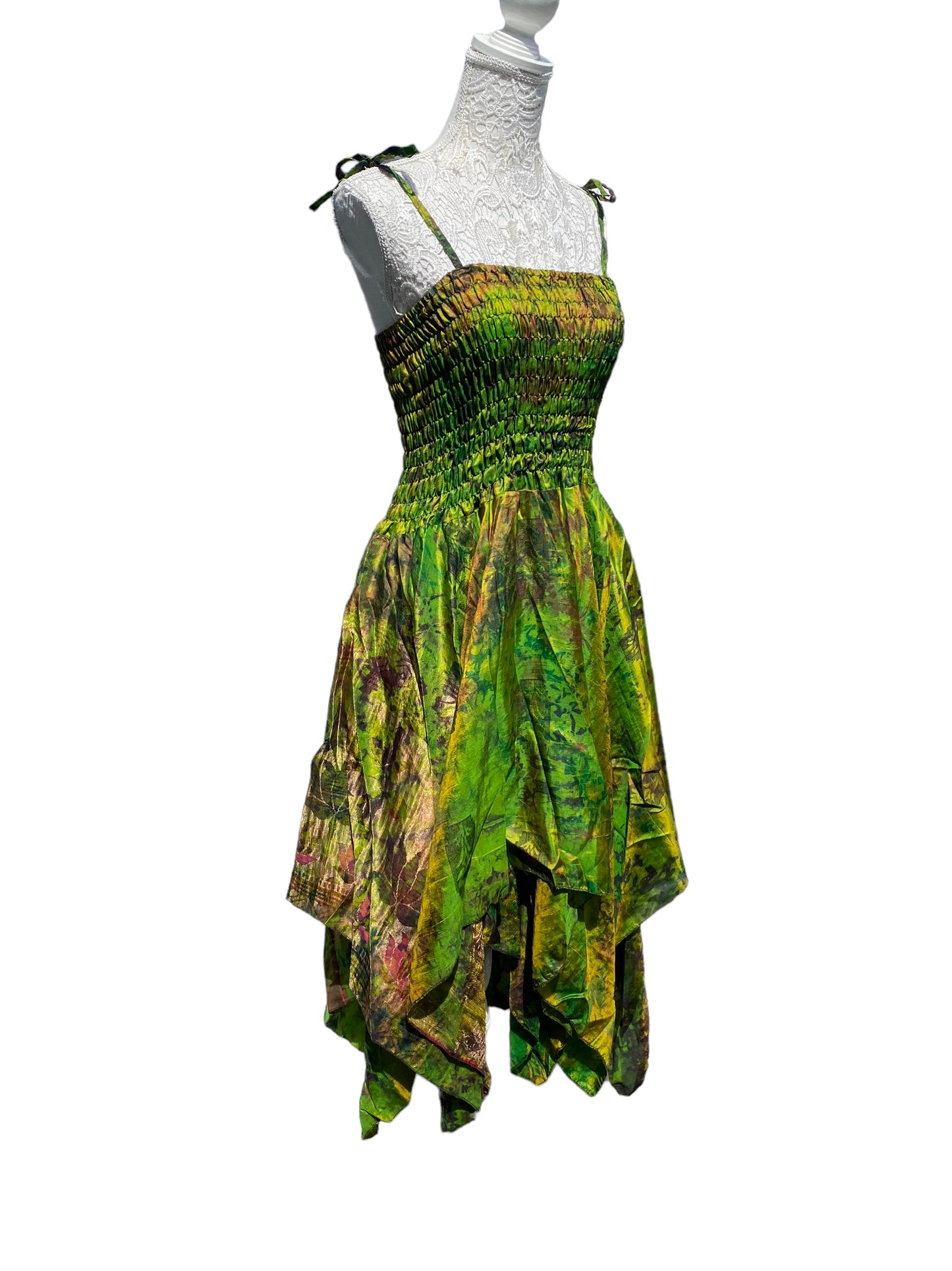 Festival summer Dress Sexy Boho Pixie SILK hanky hem GREEN gypsy sun 8-16