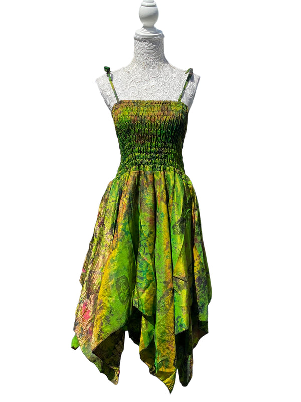 Festival summer Dress Sexy Boho Pixie SILK hanky hem GREEN gypsy sun 8-16