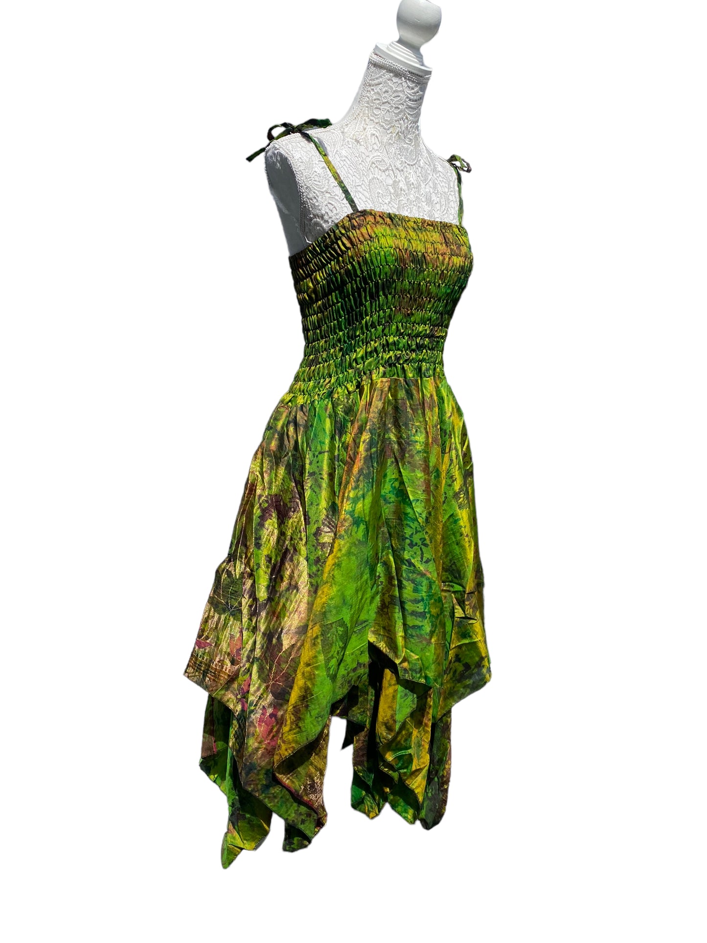 Festival summer Dress Sexy Boho Pixie SILK hanky hem GREEN gypsy sun 8-16