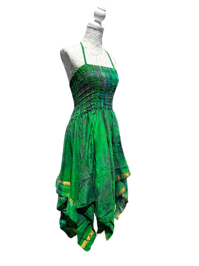 Festival summer Dress Sexy Boho Pixie SILK hanky hem GREEN gypsy sun 8-16