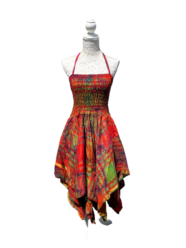 Festival summer Dress Sexy Boho Pixie SILK hanky hem GREEN gypsy sun 8-16