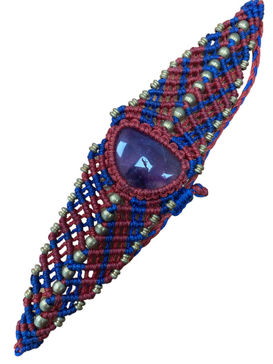 Macrame knot Bracelet Red & Blue with Amethyst, cuff bangle in Waxed cotton hand knotted CRYSTAL Boho Yoga hippy