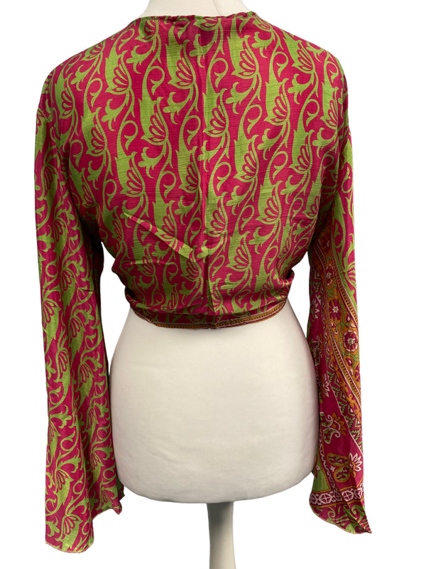 Bell Sleeve Crop Top blouse Boho Hippy Festival retro Sari Silk summer UK 8-16