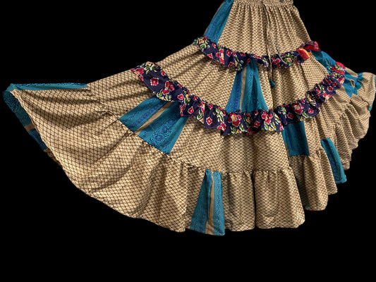 Blue Posie 25 yard circle SKIRT, Boho Gypsy Hippy Steampunk Festival party, Flamenco Belly Dance ATS Tribal fusion