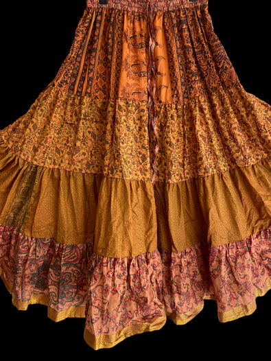 Orla Orange Glow Skirt - Size S-M-L adjustable waist, 25 ft, ATS, Silk Full Circle Skirt, Boho, Cosplay, Steampunk