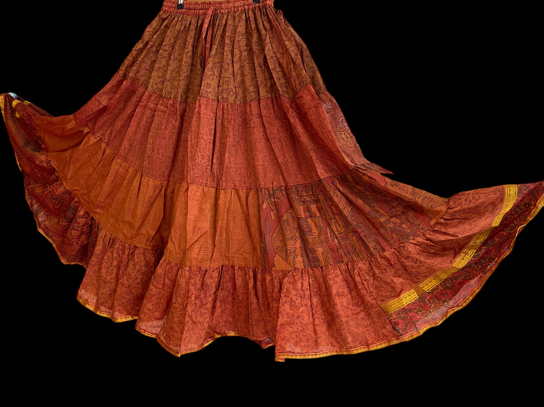 Ruby Orange Glow Skirt - Size S-M-L adjustable waist, 25 ft, ATS, Silk Full Circle Skirt, Boho, Cosplay, Steampunk