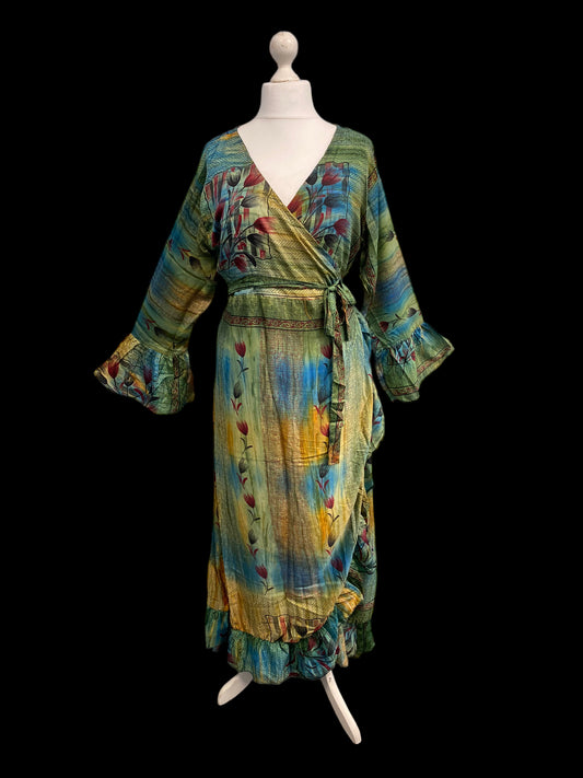 WRAP DRESS summer Vintage Flounced Sleeve Sari SILK Boho Hippy Festival UK 14-20