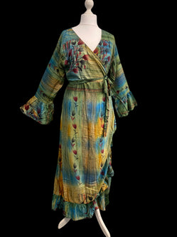 WRAP DRESS summer Vintage Flounced Sleeve Sari SILK Boho Hippy Festival UK 14-20