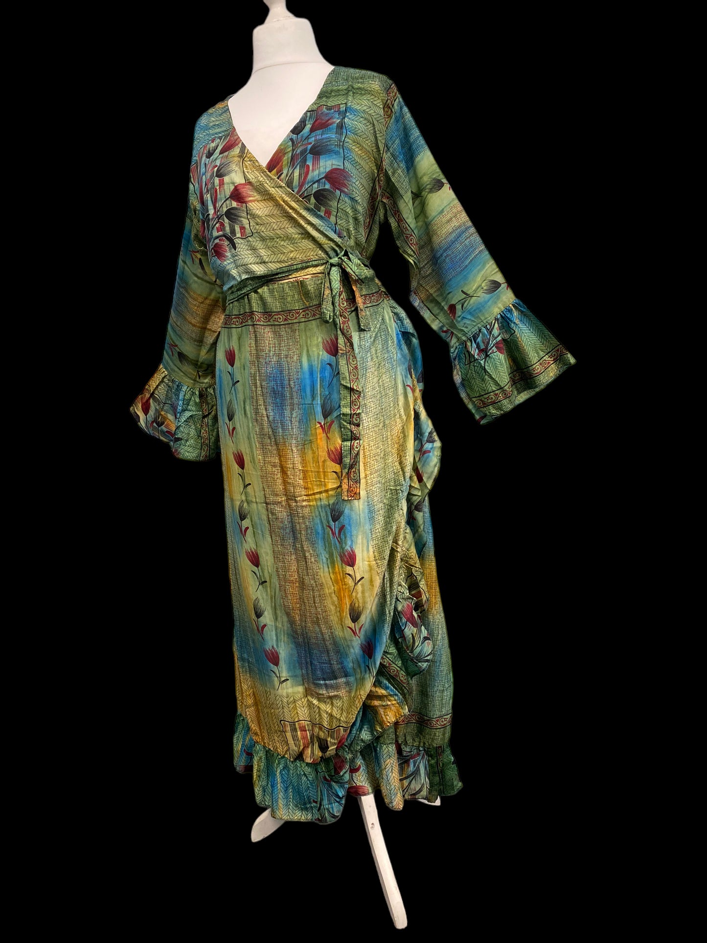 WRAP DRESS summer Vintage Flounced Sleeve Sari SILK Boho Hippy Festival UK 14-20