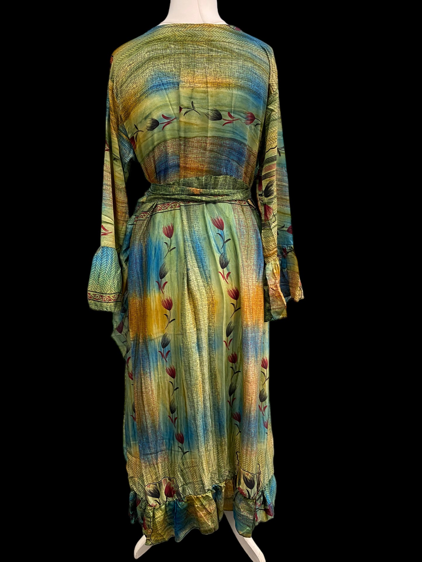 WRAP DRESS summer Vintage Flounced Sleeve Sari SILK Boho Hippy Festival UK 14-20