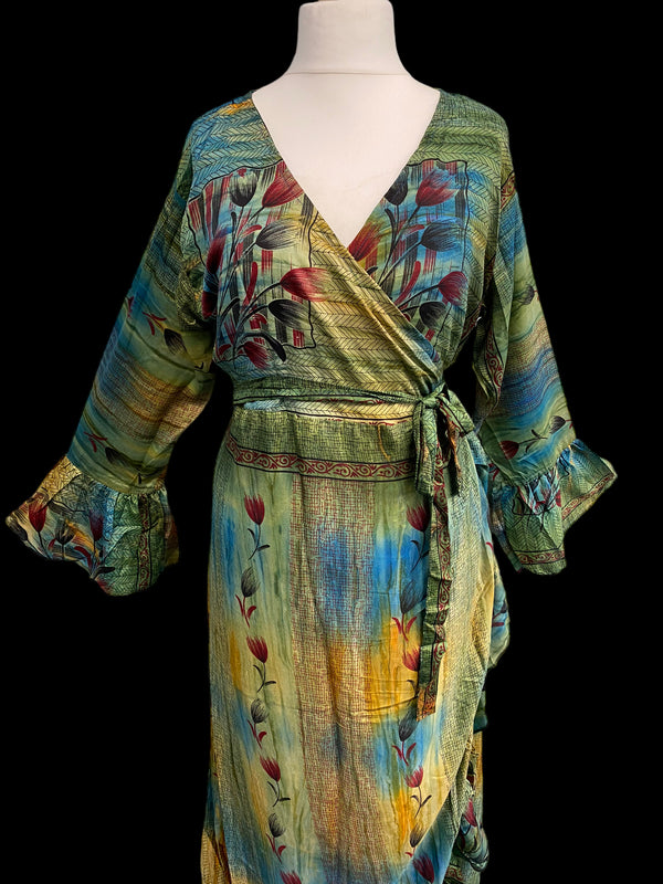 WRAP DRESS summer Vintage Flounced Sleeve Sari SILK Boho Hippy Festival UK 14-20