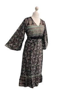 WRAP DRESS pretty Vintage Bell Sleeve Sari Silk Boho Hippy Festival party 14-20