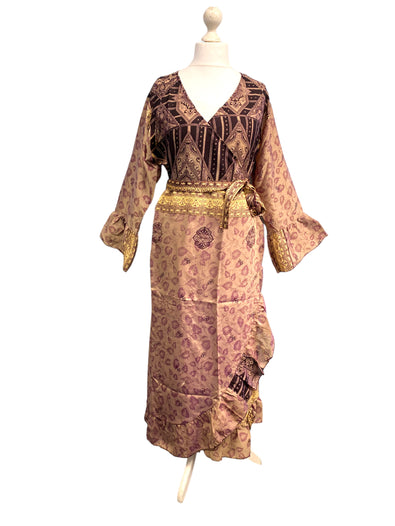 WRAP DRESS summer Vintage Flounced Sleeve Sari SILK Boho Hippy Festival UK 14-20