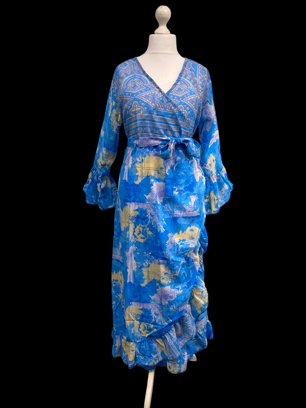 WRAP DRESS summer Vintage Flounced Sleeve Sari SILK Boho Hippy Festival UK 14-20