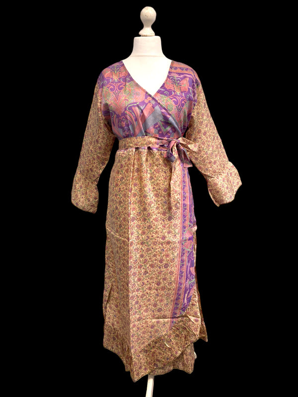 WRAP DRESS summer Vintage Flounced Sleeve Sari SILK Boho Hippy Festival UK 14-20