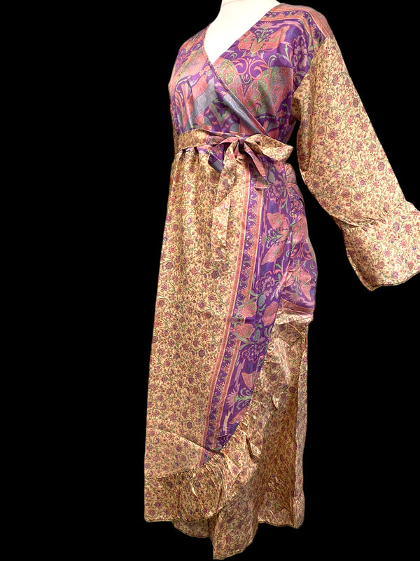 WRAP DRESS summer Vintage Flounced Sleeve Sari SILK Boho Hippy Festival UK 14-20