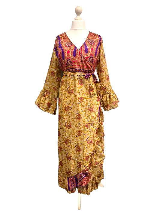 WRAP DRESS summer Vintage Flounced Sleeve Sari SILK Boho Hippy Festival UK 14-20