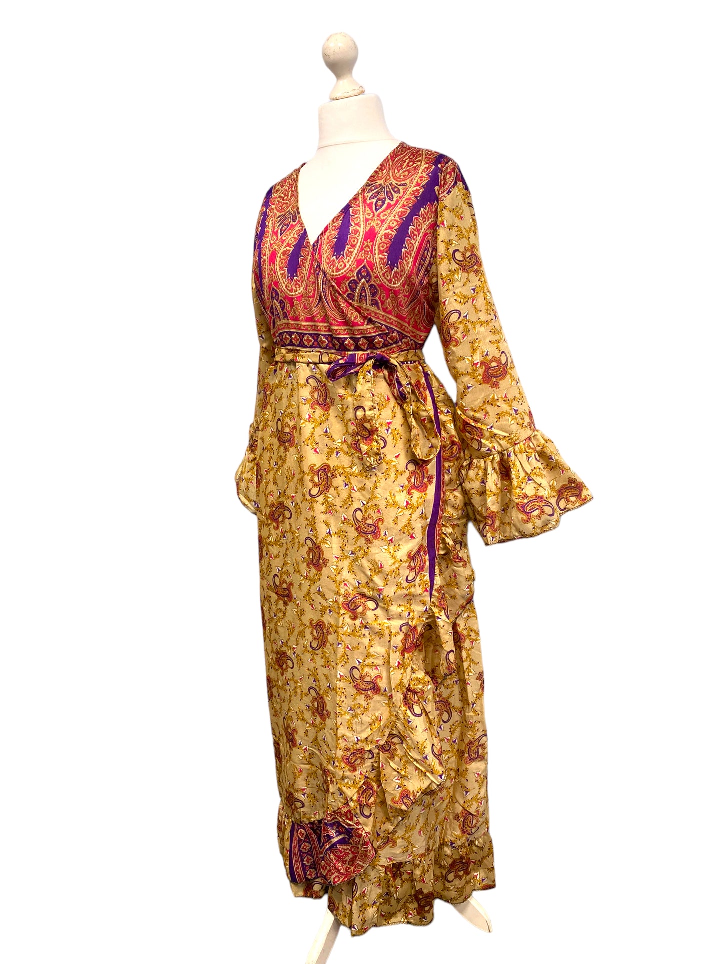 WRAP DRESS summer Vintage Flounced Sleeve Sari SILK Boho Hippy Festival UK 14-20