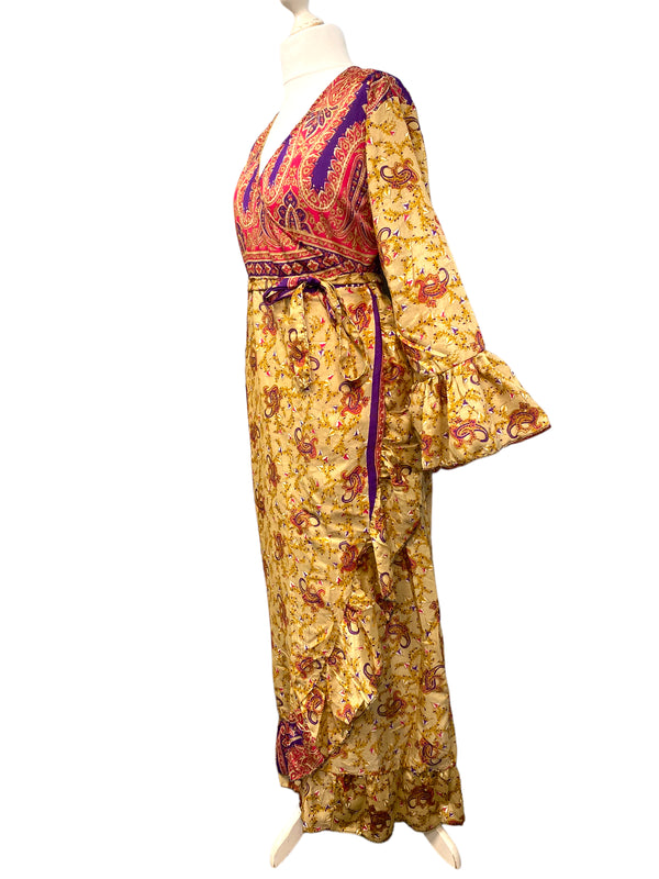 WRAP DRESS summer Vintage Flounced Sleeve Sari SILK Boho Hippy Festival UK 14-20