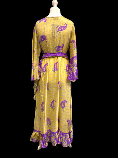 WRAP DRESS pretty Vintage Bell Sleeve Sari Silk Boho Hippy Festival party 14-20