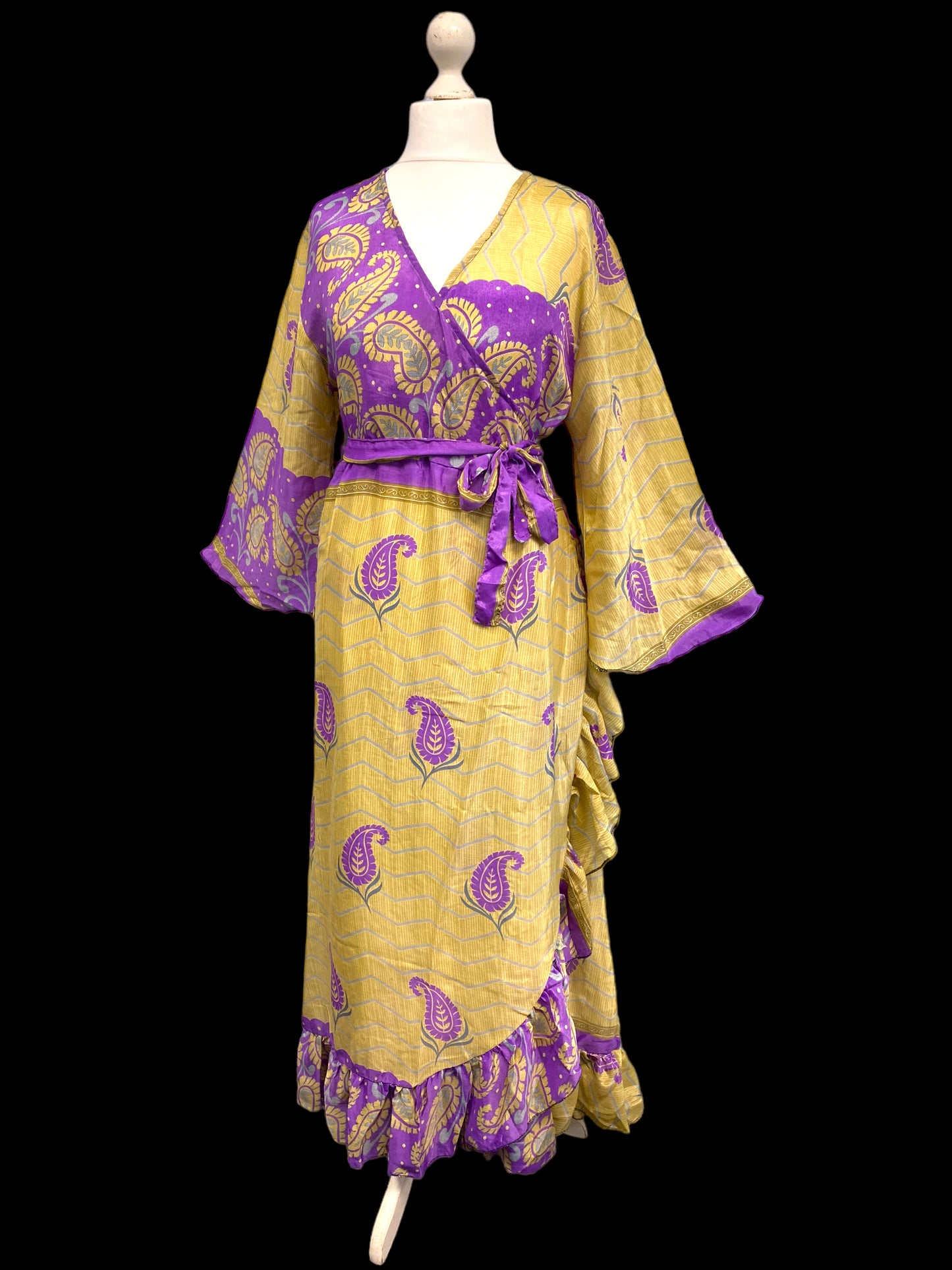 WRAP DRESS pretty Vintage Bell Sleeve Sari Silk Boho Hippy Festival party 14-20