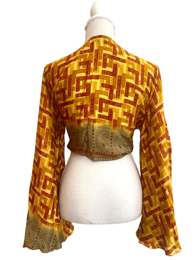 Bell Sleeve Crop Top blouse Boho Hippy Festival retro Sari Silk summer UK 8-16