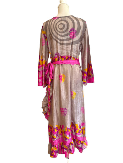 WRAP DRESS pretty Vintage Bell Sleeve Sari Silk Boho Hippy Festival party 14-20