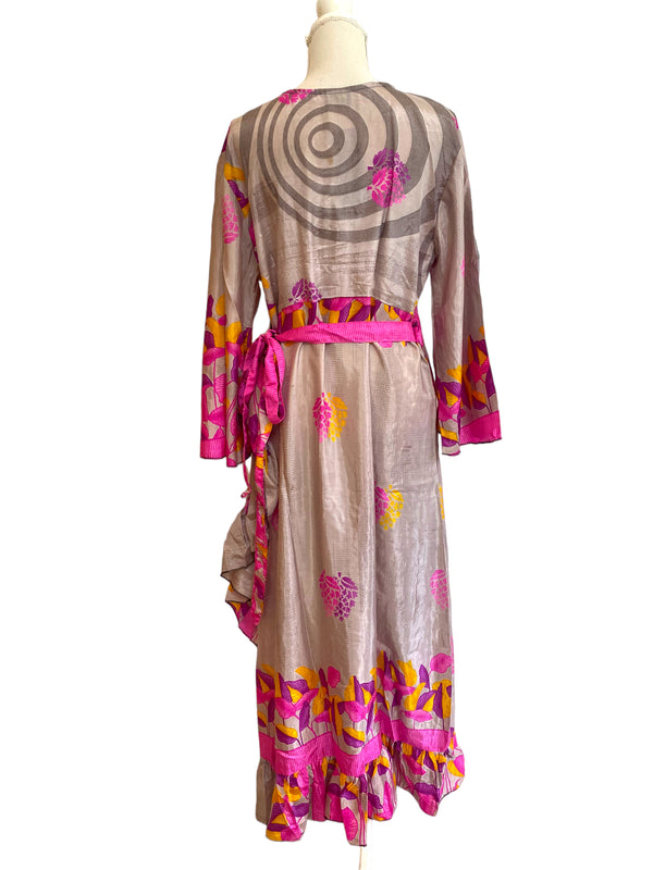 WRAP DRESS pretty Vintage Bell Sleeve Sari Silk Boho Hippy Festival party 14-20