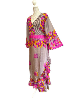 WRAP DRESS pretty Vintage Bell Sleeve Sari Silk Boho Hippy Festival party 14-20