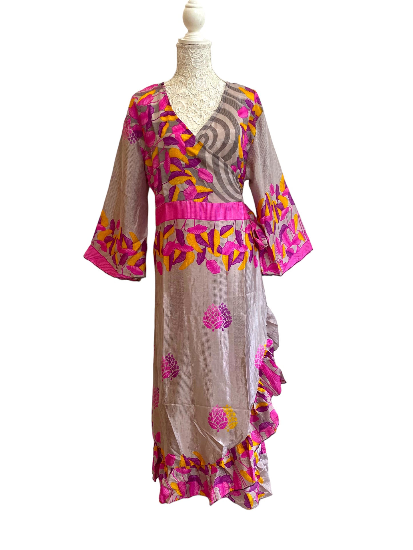 WRAP DRESS pretty Vintage Bell Sleeve Sari Silk Boho Hippy Festival party 14-20