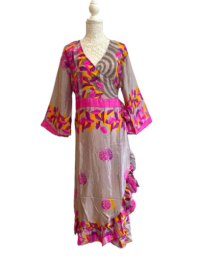 WRAP DRESS pretty Vintage Bell Sleeve Sari Silk Boho Hippy Festival party 14-20