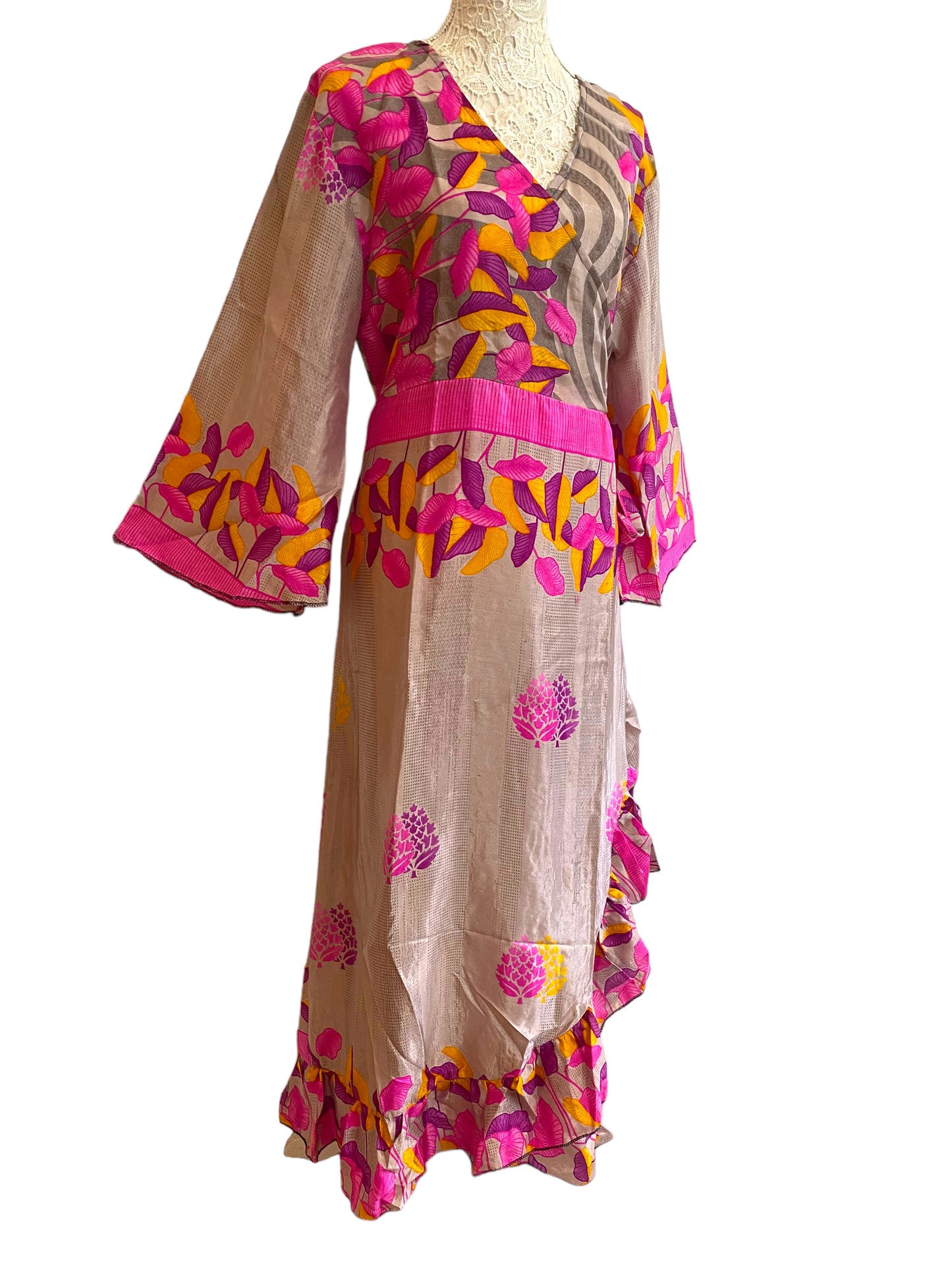 WRAP DRESS pretty Vintage Bell Sleeve Sari Silk Boho Hippy Festival party 14-20