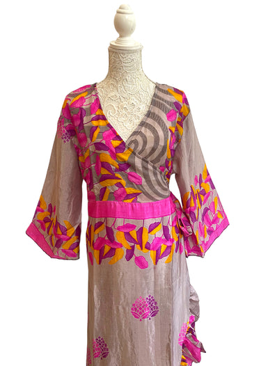 WRAP DRESS pretty Vintage Bell Sleeve Sari Silk Boho Hippy Festival party 14-20